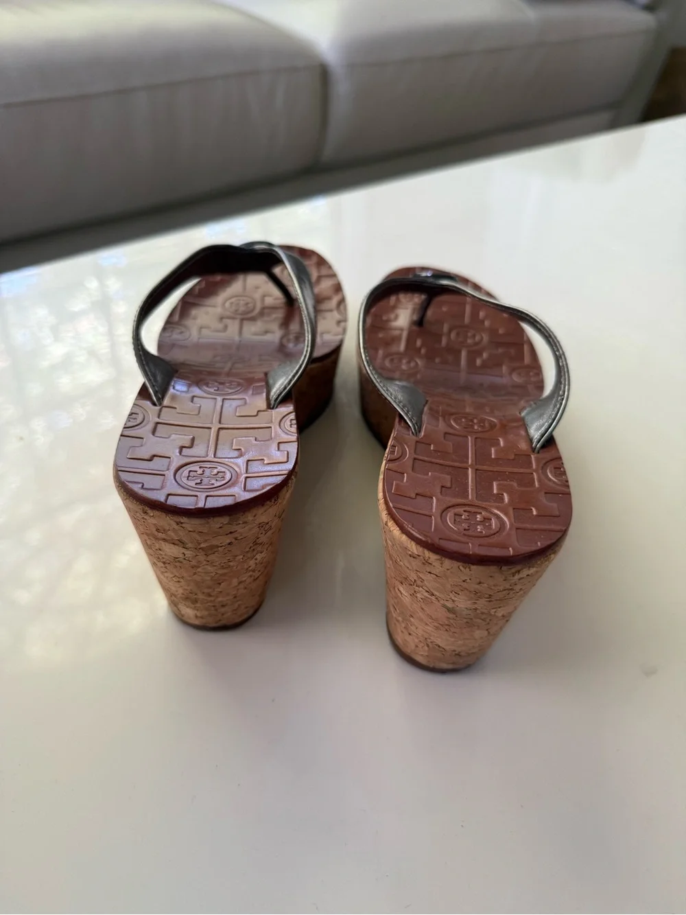 Tory Burch Metallic Silver Thong Sandals with Brown Footbed